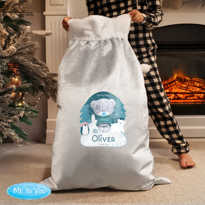 Personalised Winter Explorer Tiny Tatty Teddy Luxury Silver Grey Pom Pom Sack - image 3