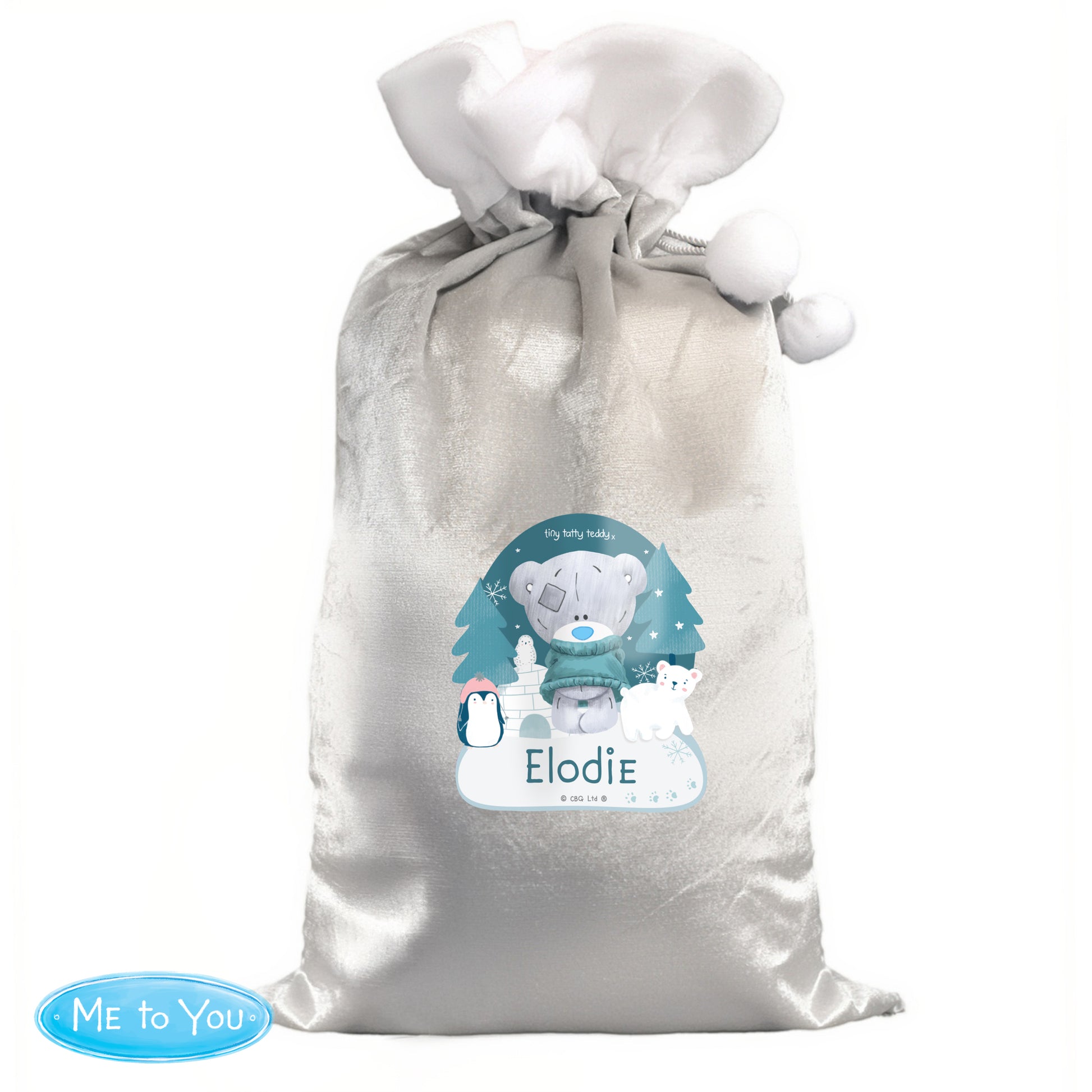Personalised Winter Explorer Tiny Tatty Teddy Luxury Silver Grey Pom Pom Sack - image 4