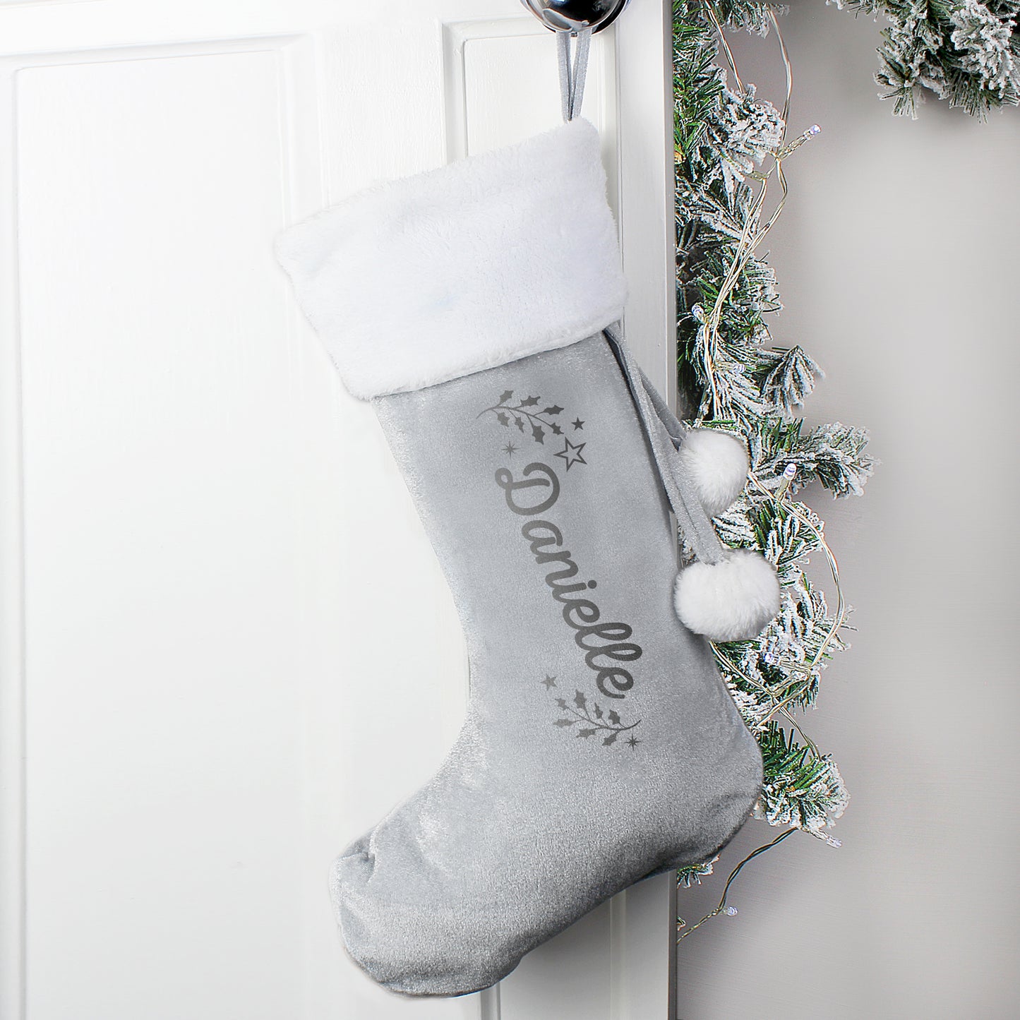 Personalised Holly Grey Christmas Stocking from Heartfelt Gifts