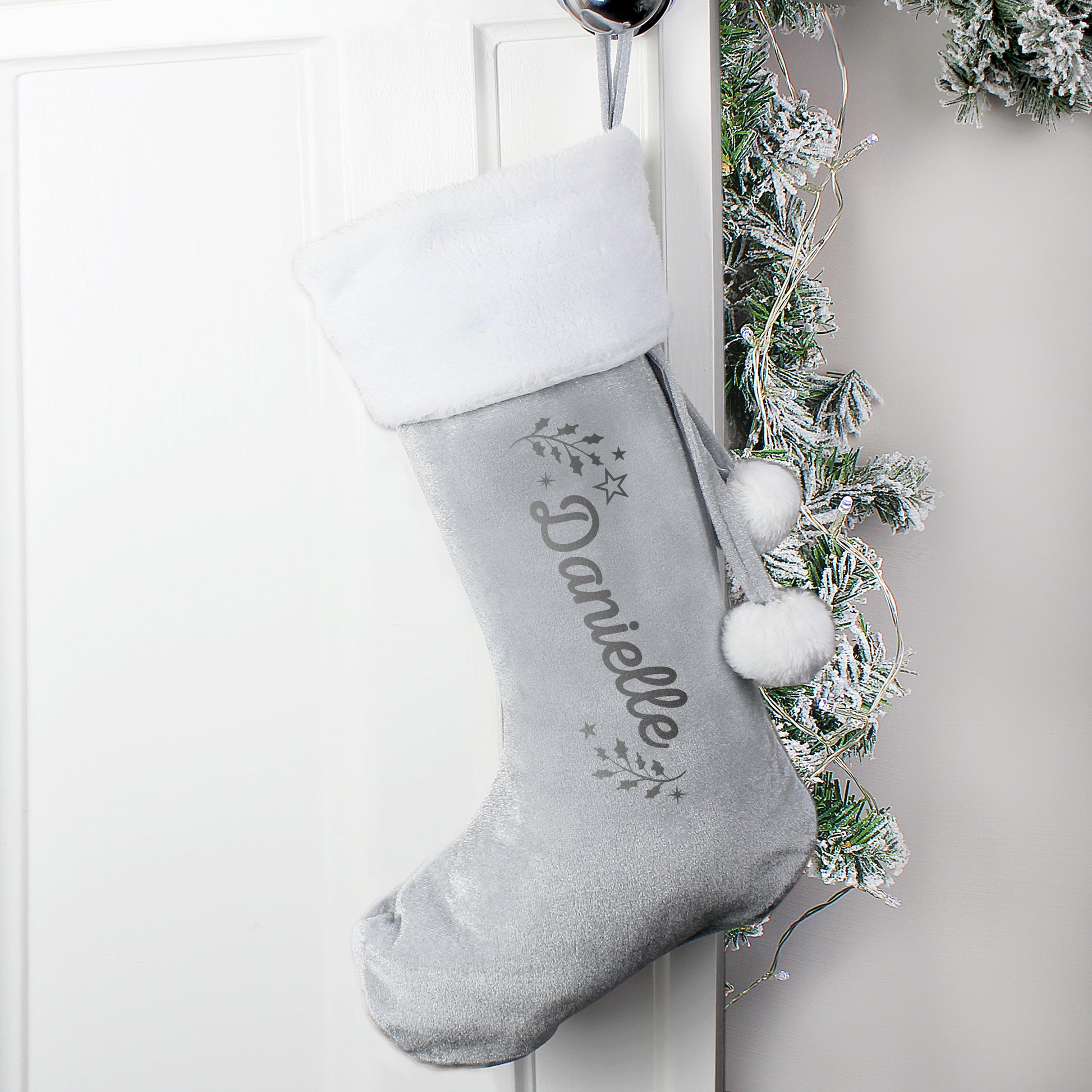 Personalised Holly Grey Christmas Stocking from Heartfelt Gifts