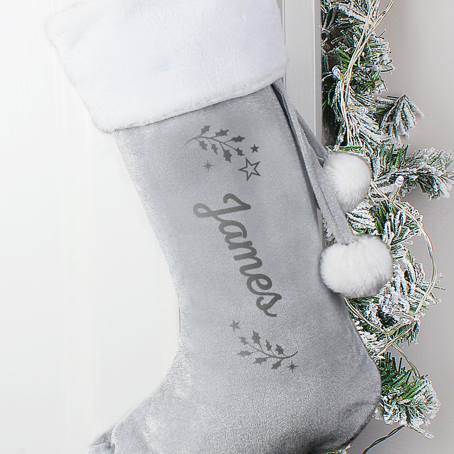 Personalised Holly Grey Christmas Stocking - image 2