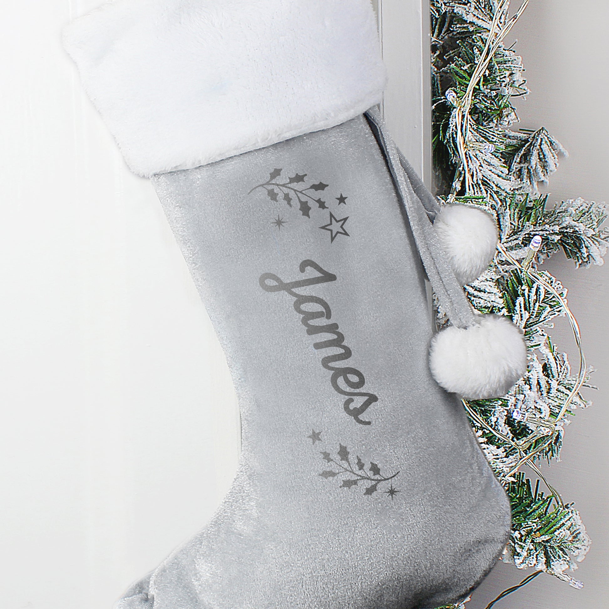 Personalised Holly Grey Christmas Stocking - image 2