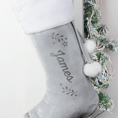 Personalised Holly Grey Christmas Stocking - image 2