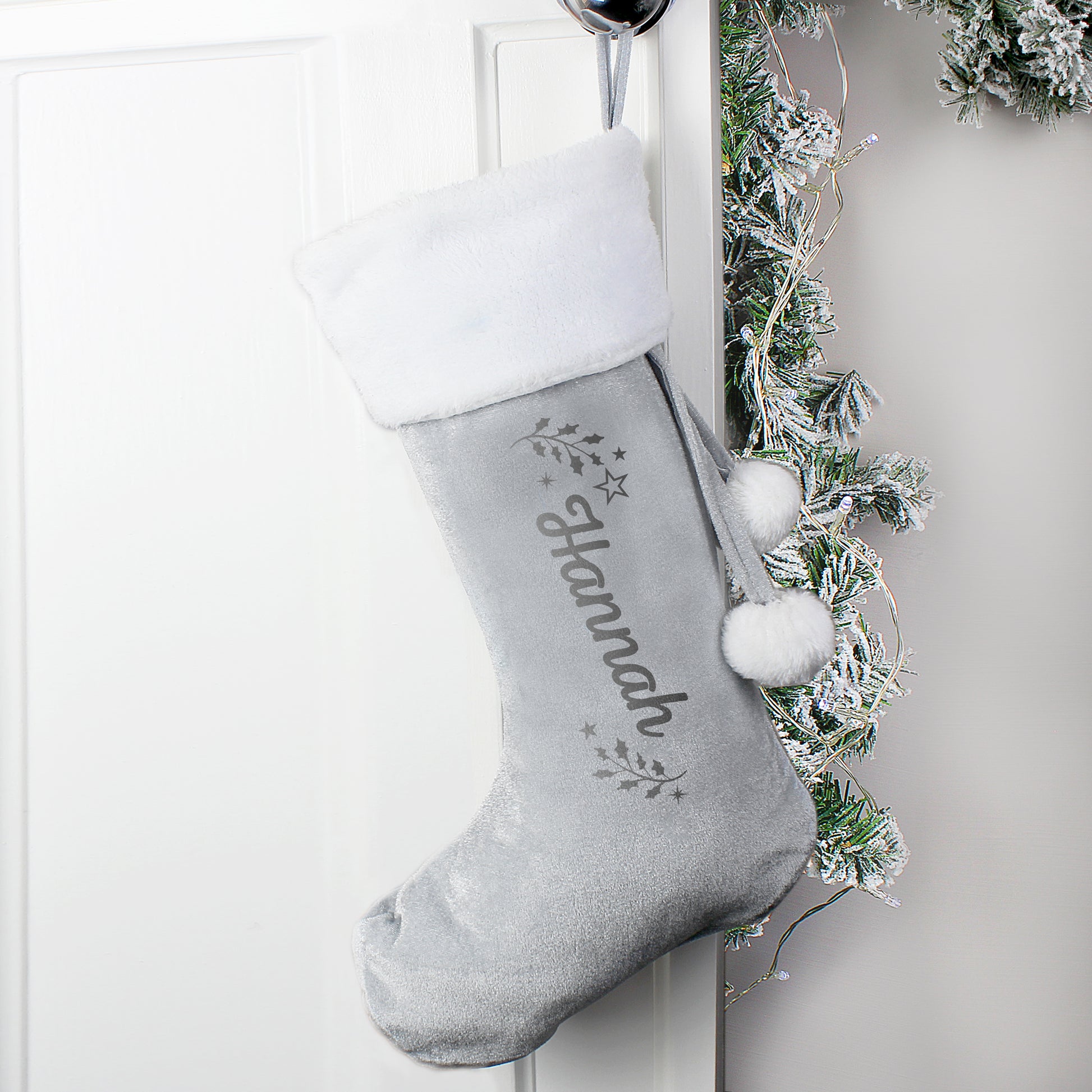 Personalised Holly Grey Christmas Stocking - image 3