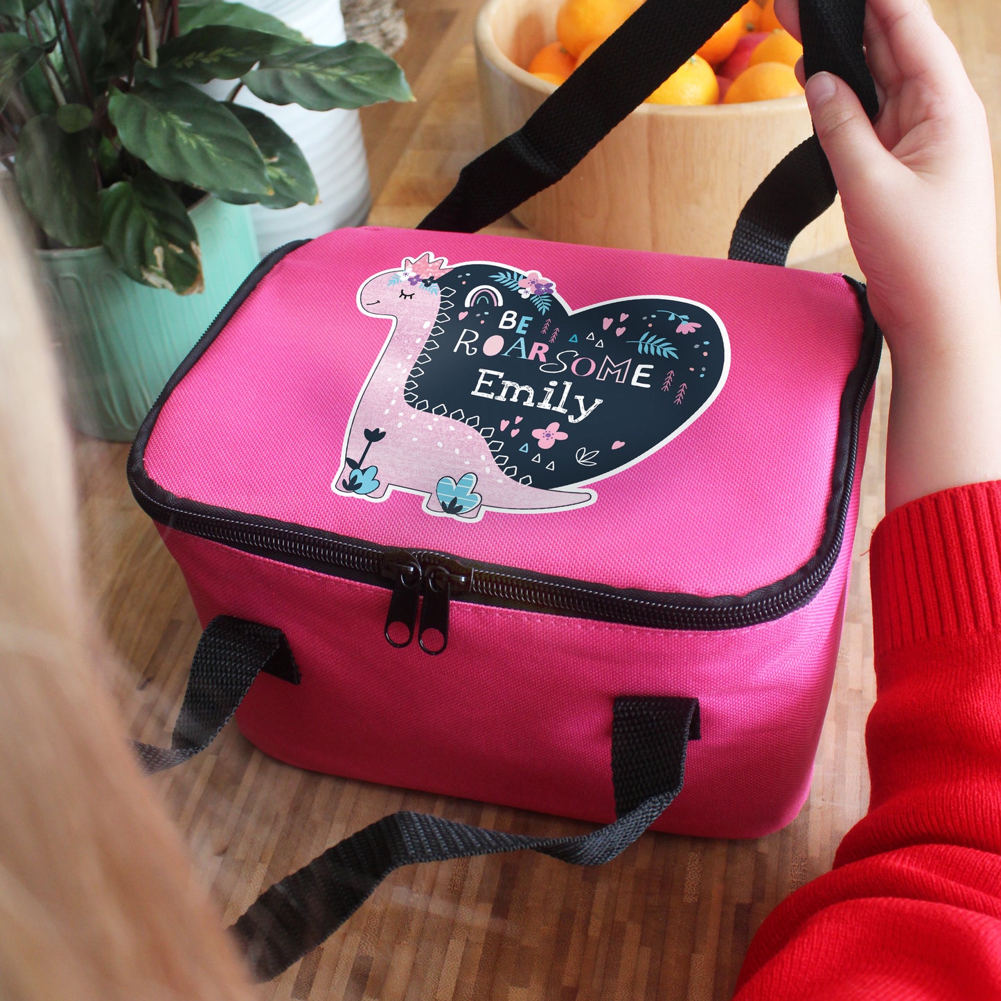 Personalised Dinosaur Pink Lunch Bag from Heartfelt Gifts