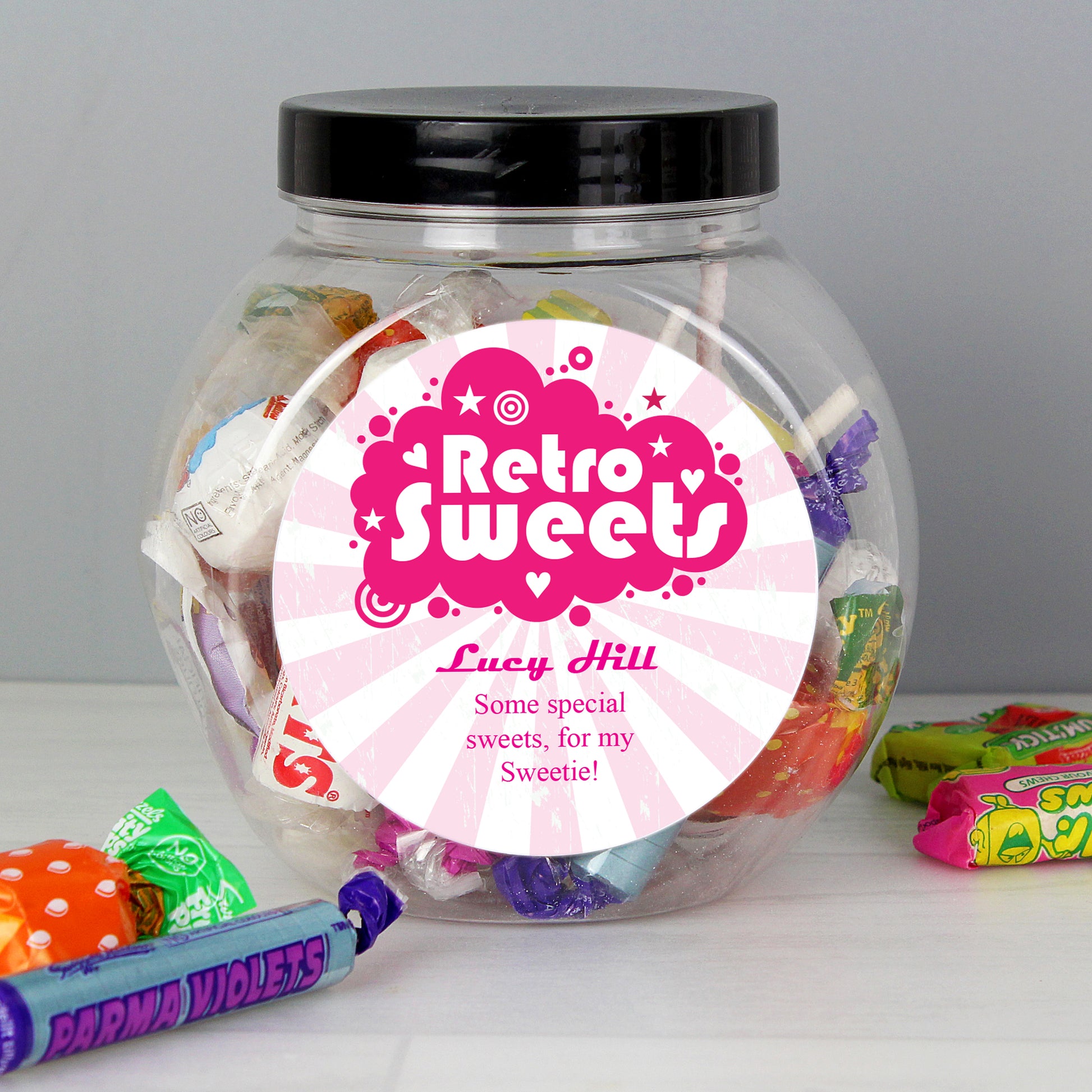 Personalised Retro Pink Sweet Jar from Heartfelt Gifts