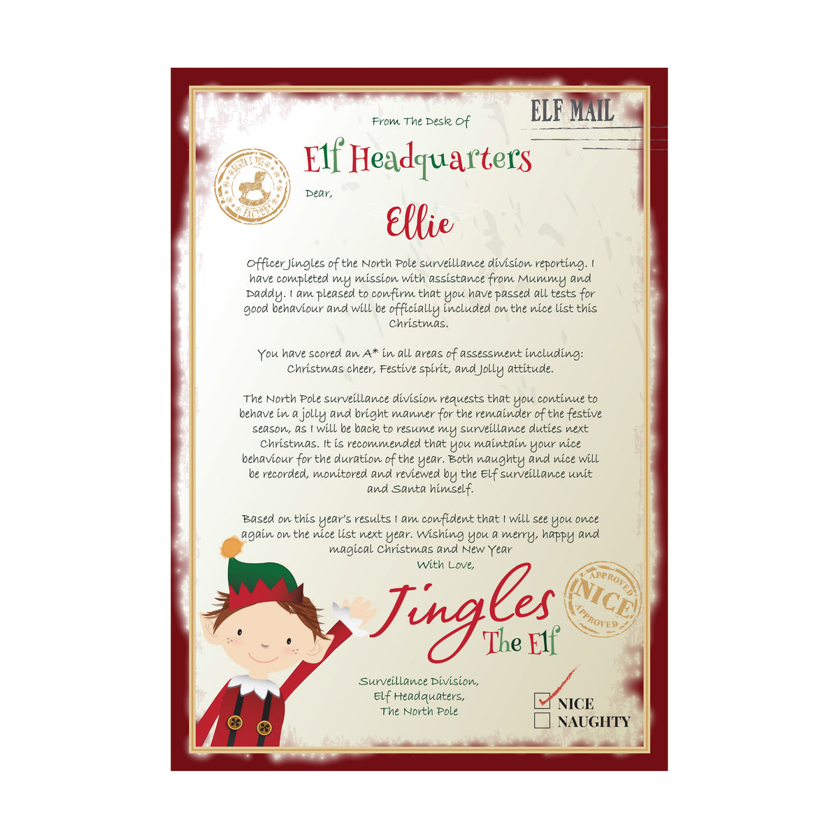 Elf Surveillance Christmas letter personalised for a child
