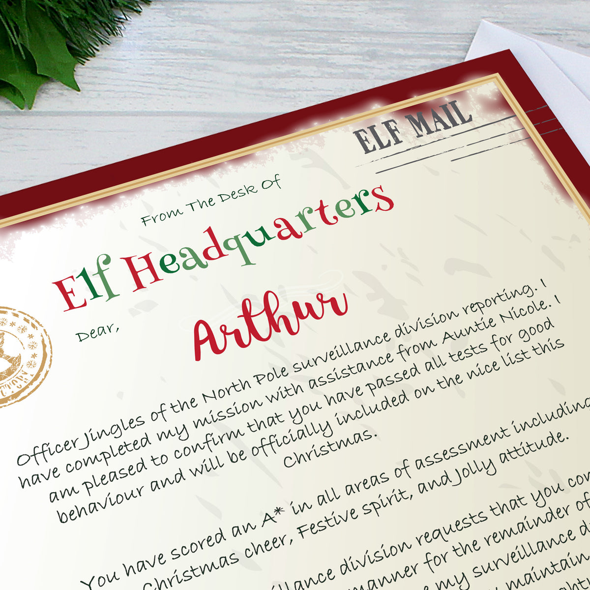 Personalised Elf Surveillance letter and envelopes