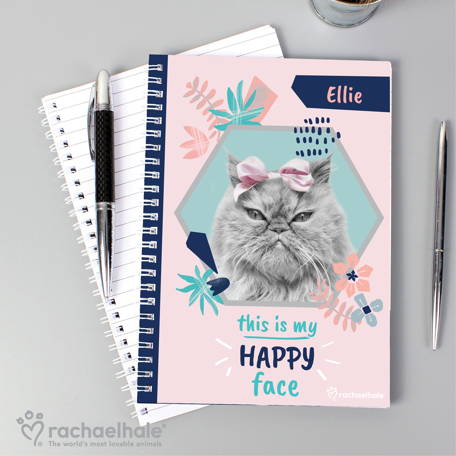 Personalised Rachael Hale 'Happy Face' Cat A5 Notebook from Heartfelt Gifts