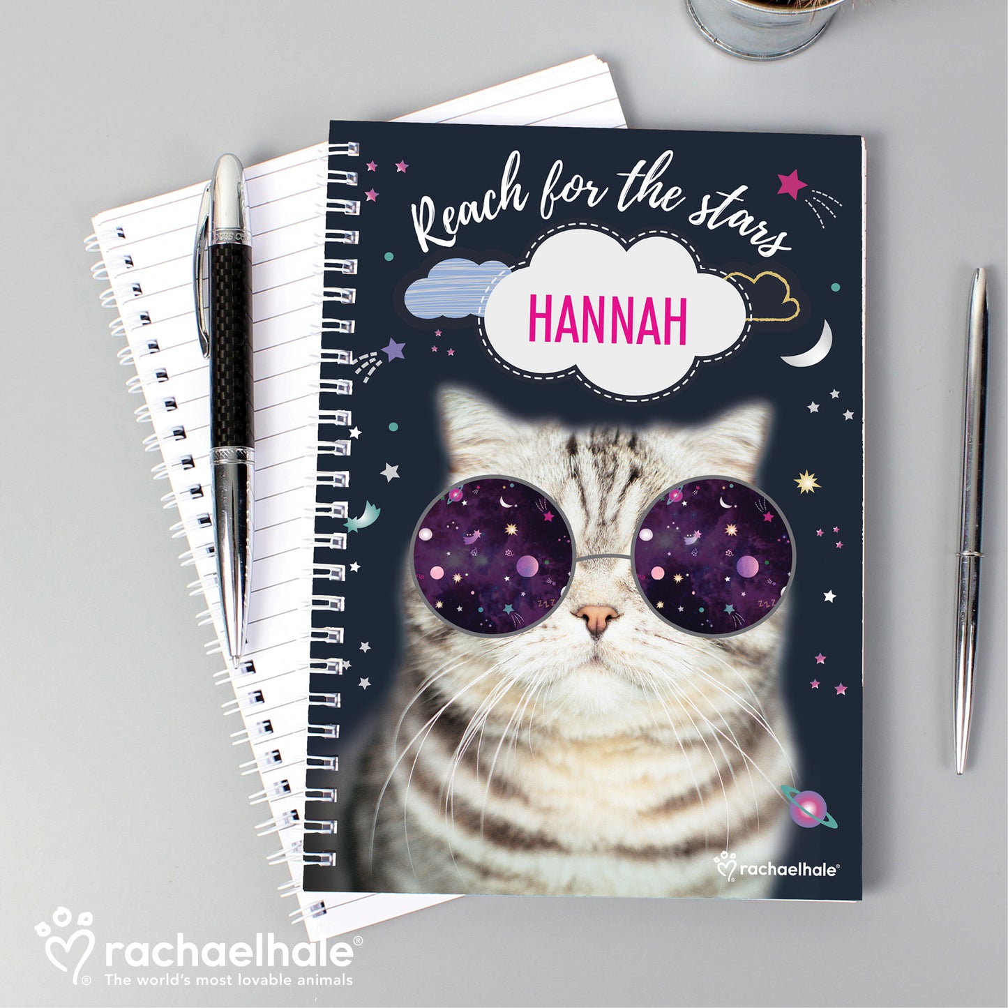 Personalised Rachael Hale Space Cat A5 Notebook from Heartfelt Gifts