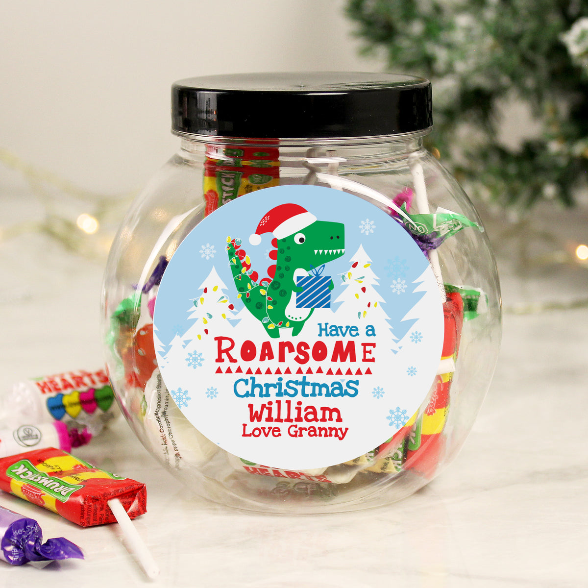 Personalised Dinosaur 'Have a Roarsome Christmas' Sweet Jar from Heartfelt Gifts