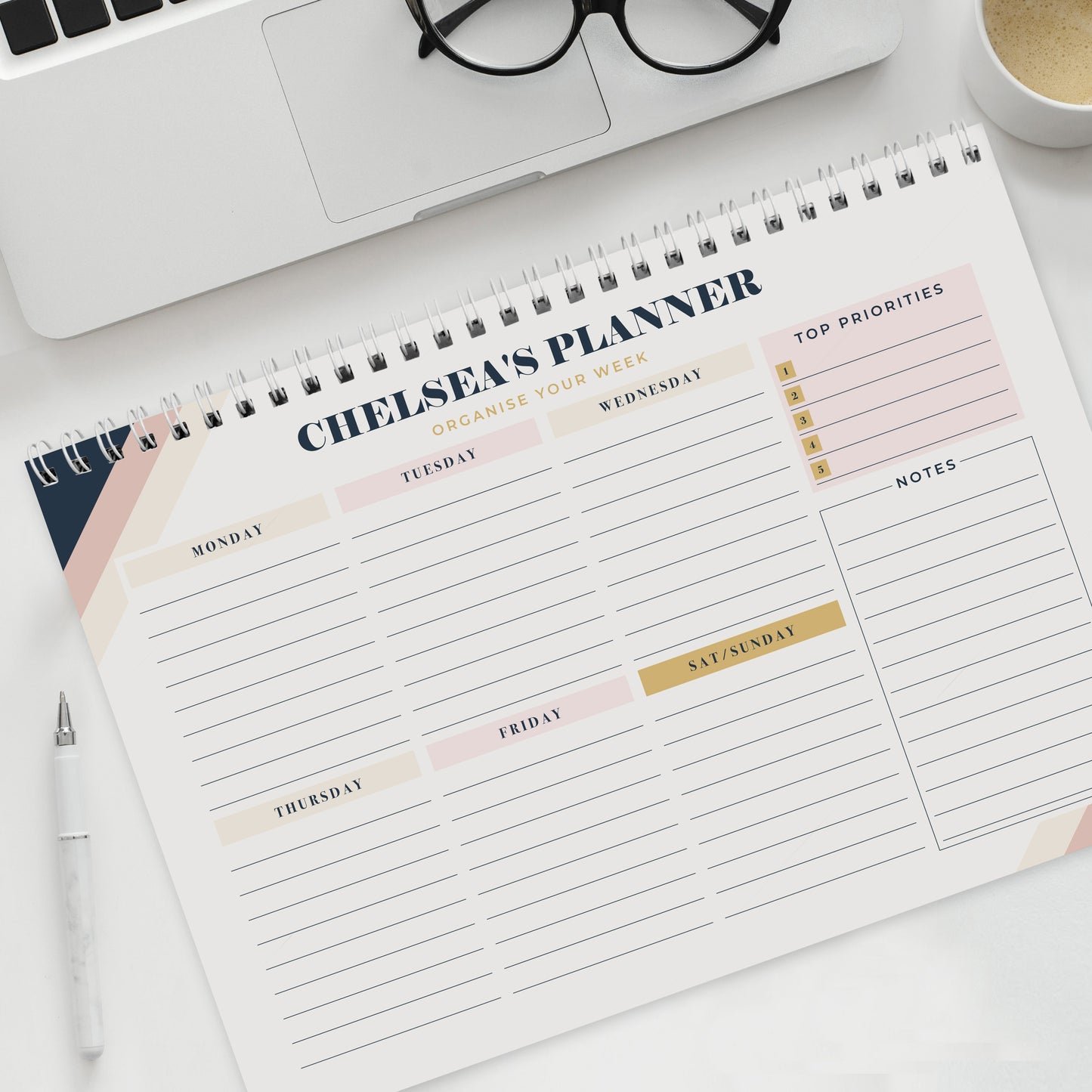 Personalised Free Text Navy & Blush A4 Desk Planner - image 2
