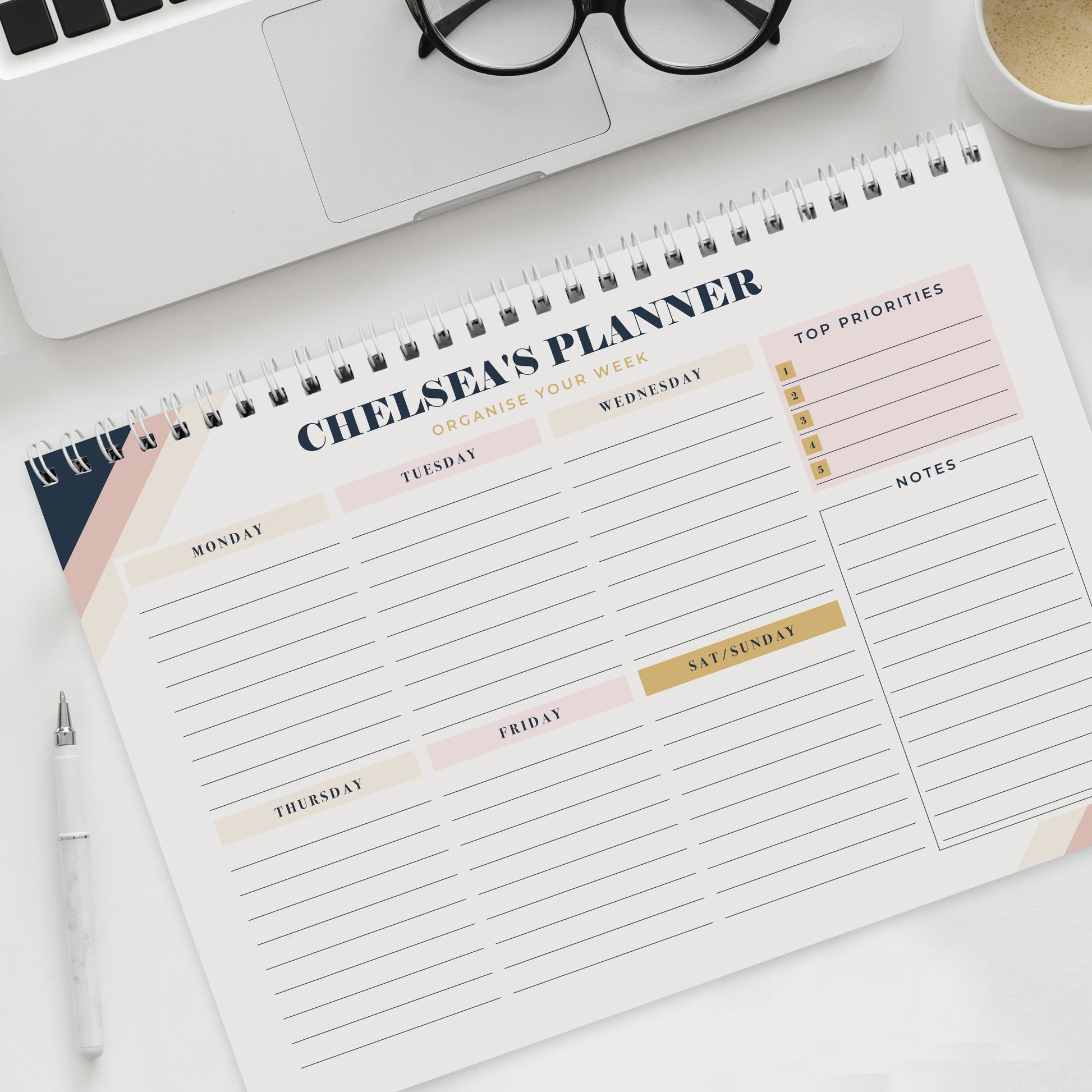 Personalised Free Text Navy & Blush A4 Desk Planner - image 2