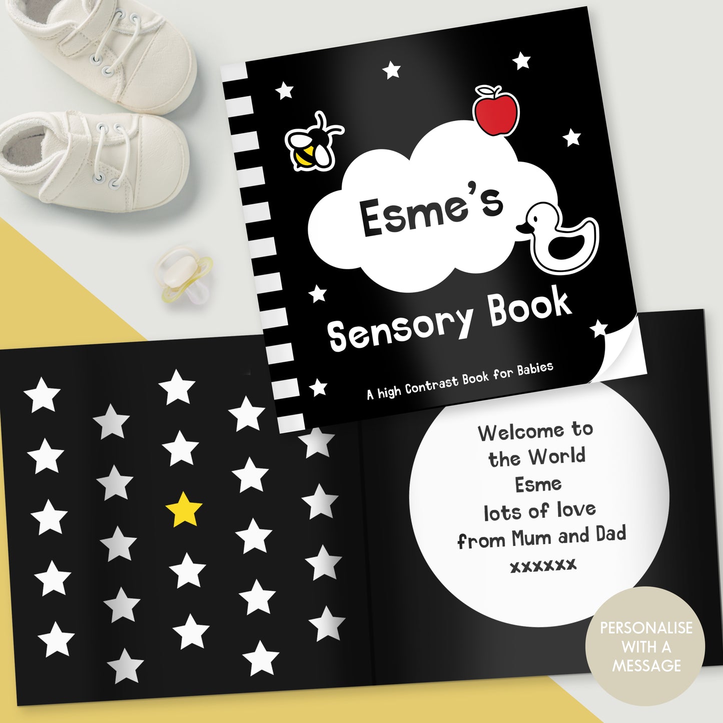Personalised High Contrast Black and White Baby Book from Heartfelt Gifts
