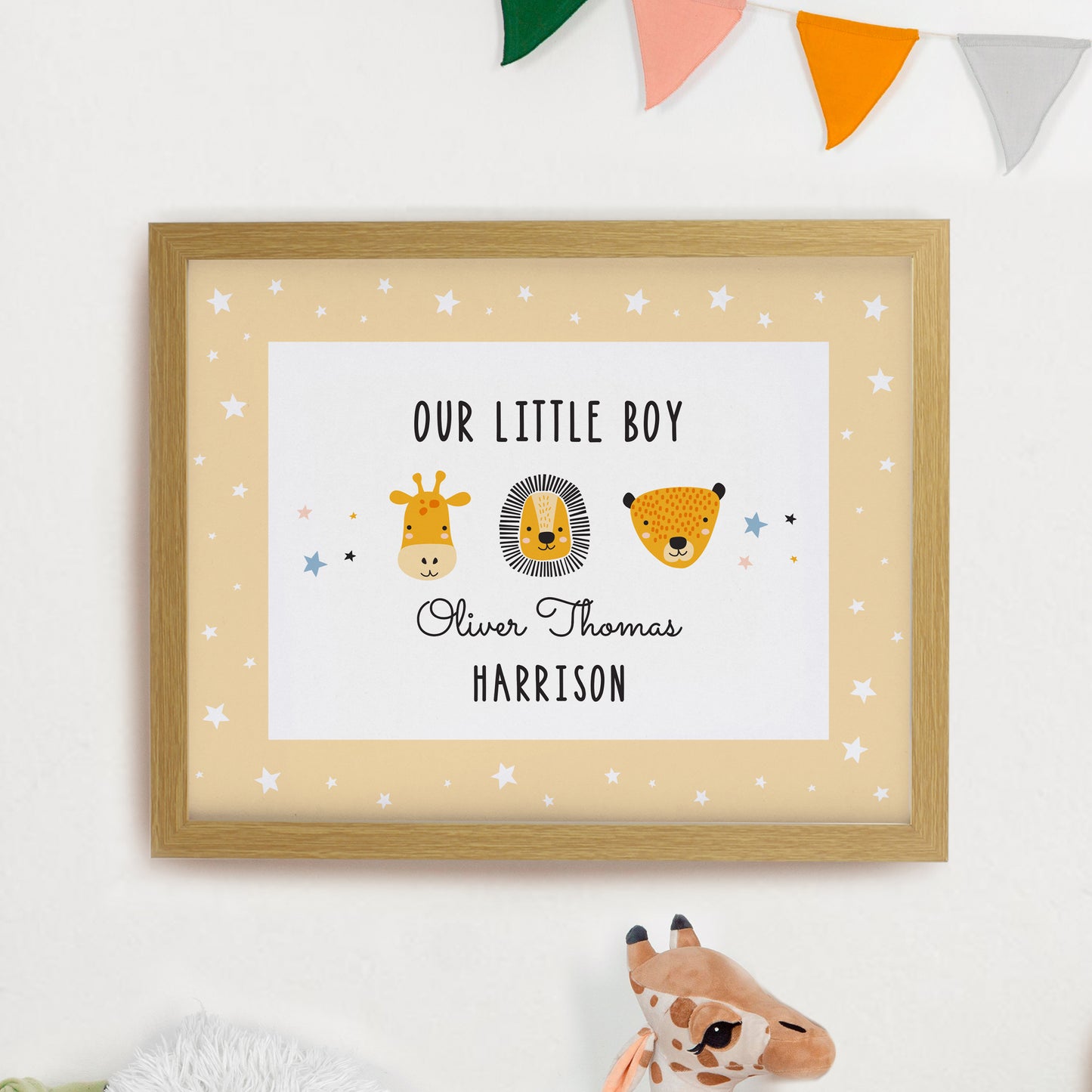 Personalised Safari Animals Oak Poster Frame from Heartfelt Gifts