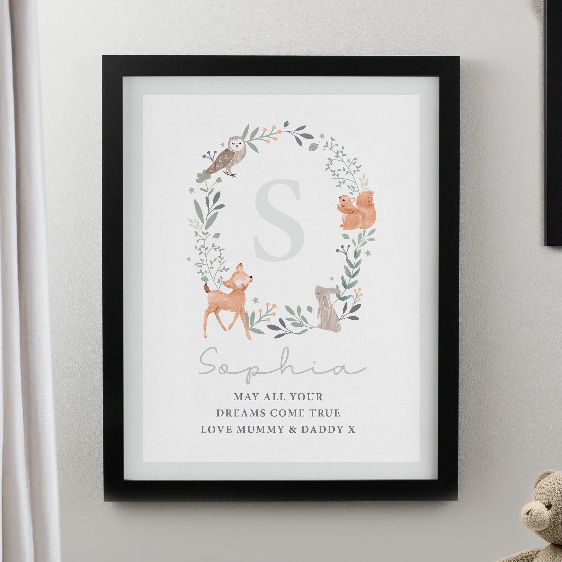 Personalised Woodland Initial Black Poster Frame from Heartfelt Gifts