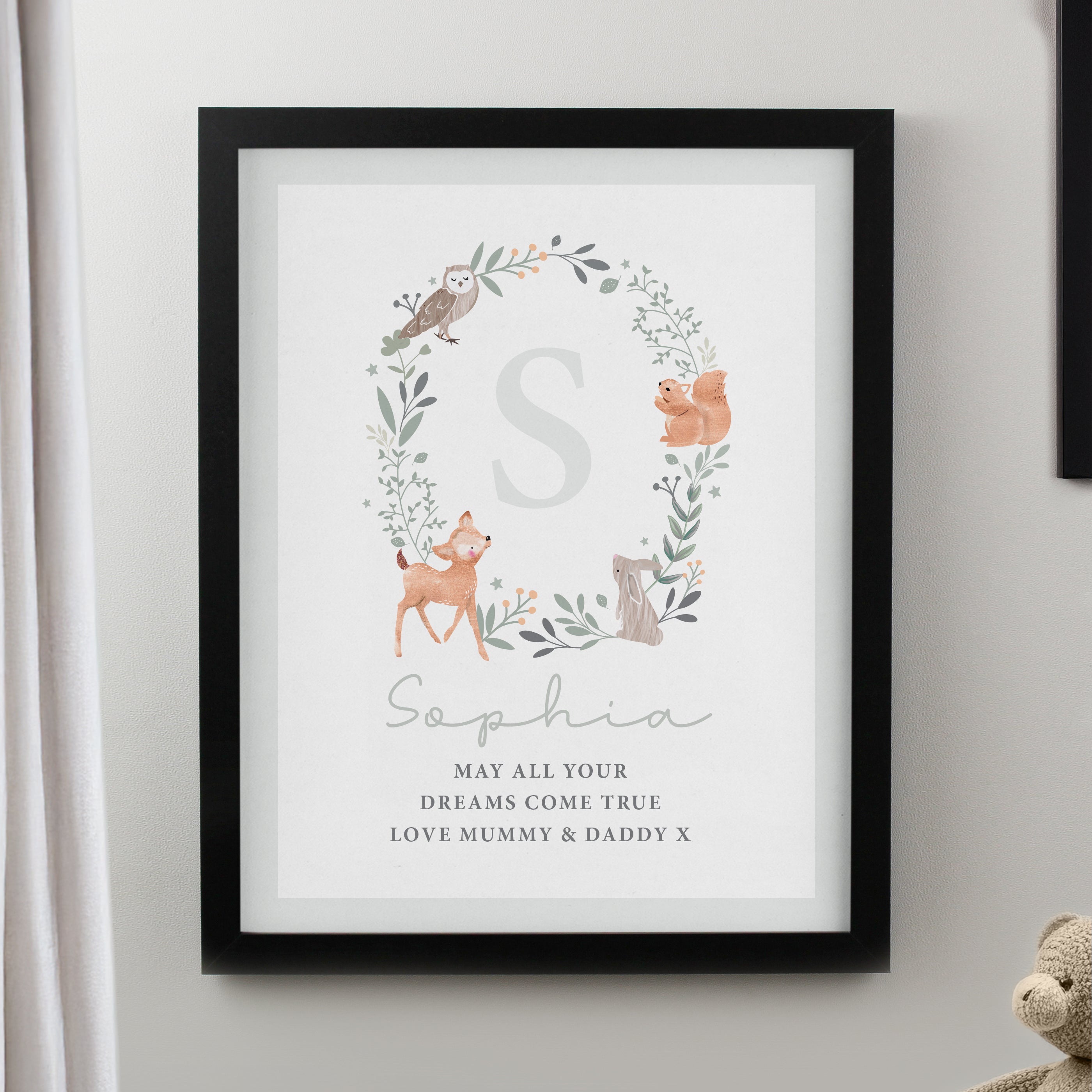 Personalised Woodland Initial Black Poster Frame from Heartfelt Gifts