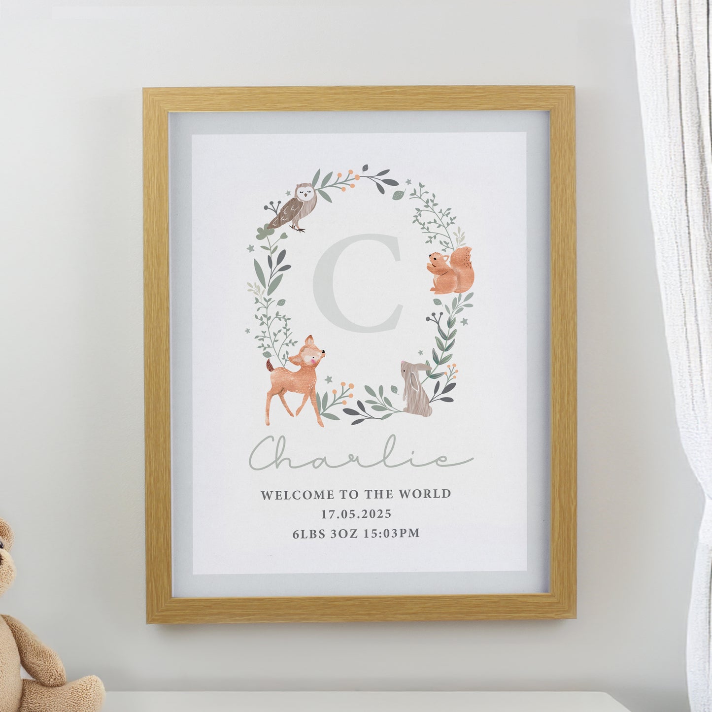 Personalised Woodland Initial Oak Poster Frame from Heartfelt Gifts