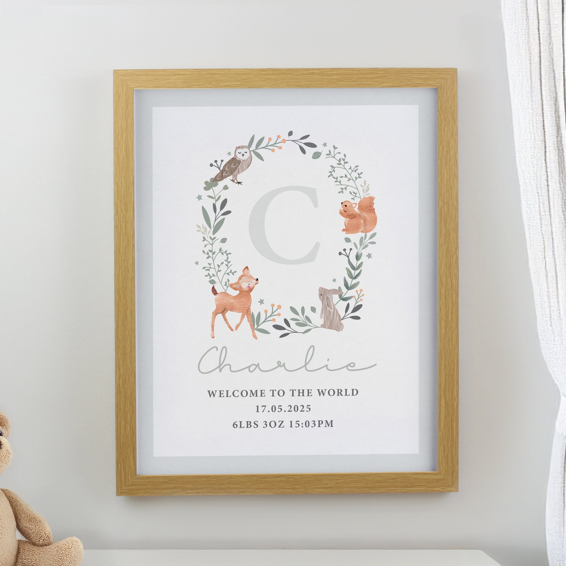 Personalised Woodland Initial Oak Poster Frame from Heartfelt Gifts