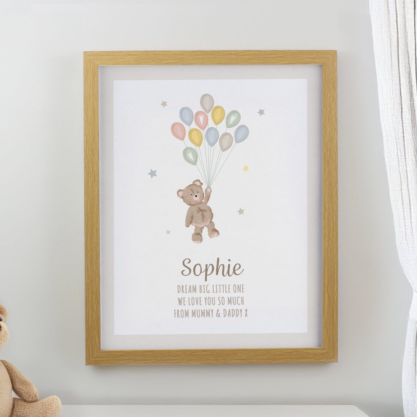Personalised Teddy Balloon Oak Poster Frame from Heartfelt Gifts