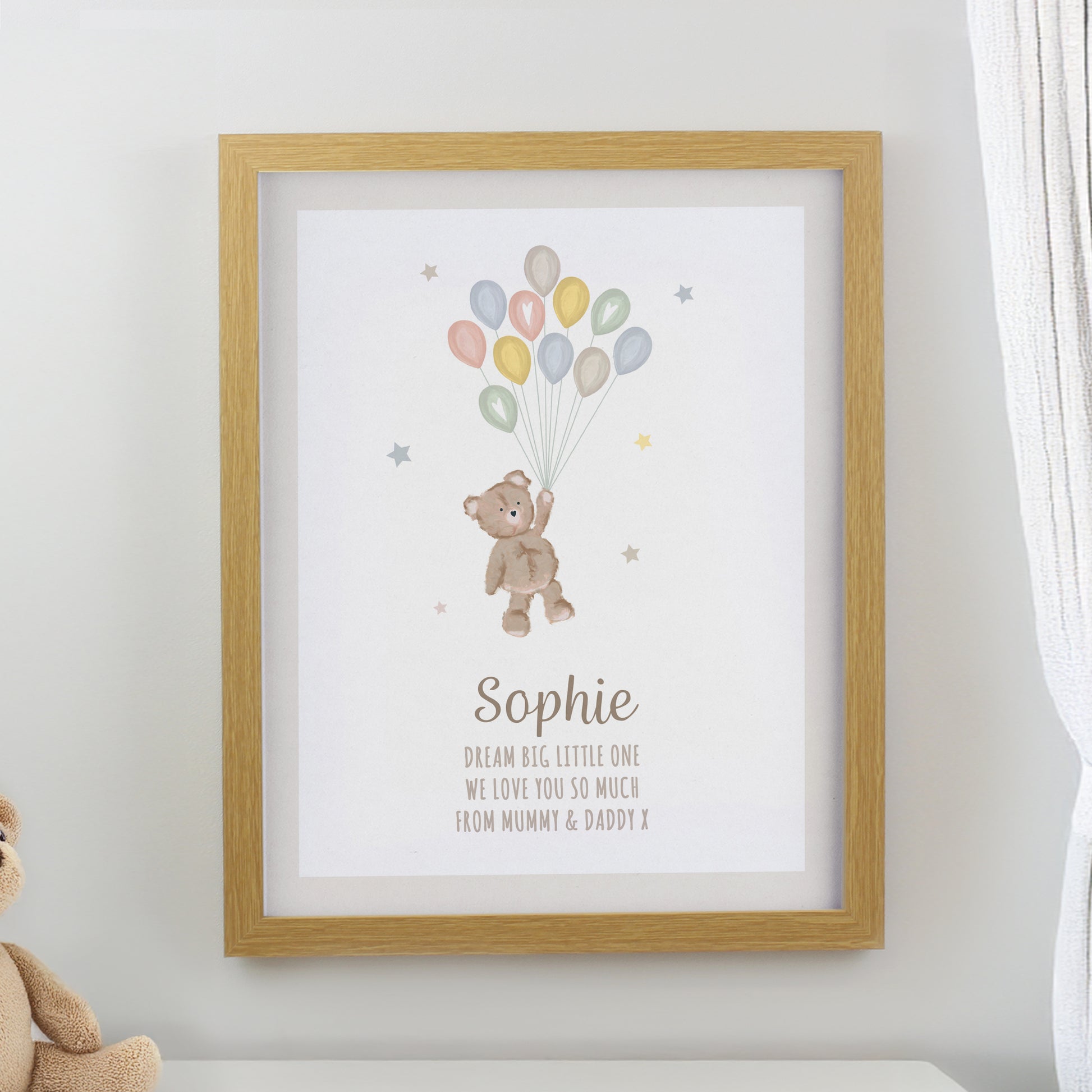 Personalised Teddy Balloon Oak Poster Frame from Heartfelt Gifts