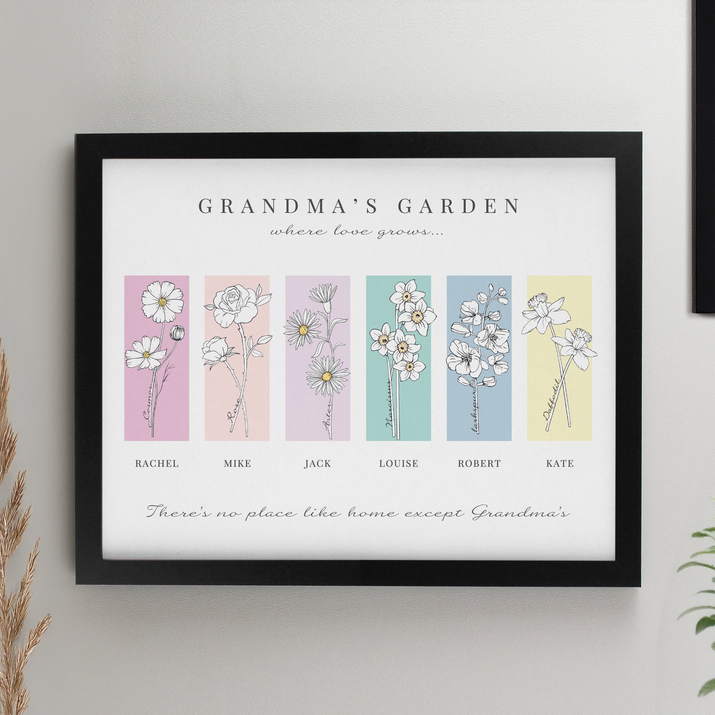 Personalised Birth Flower Family of 6 Black Framed Print from Heartfelt Gifts
