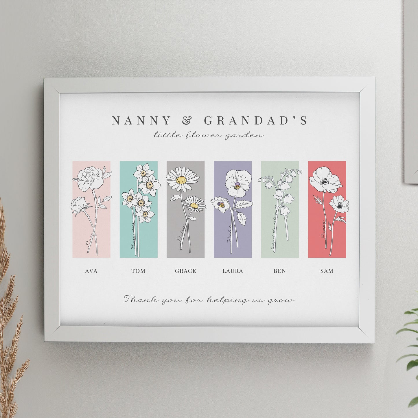 Personalised Birth Flower Family of 6 White Framed Print from Heartfelt Gifts