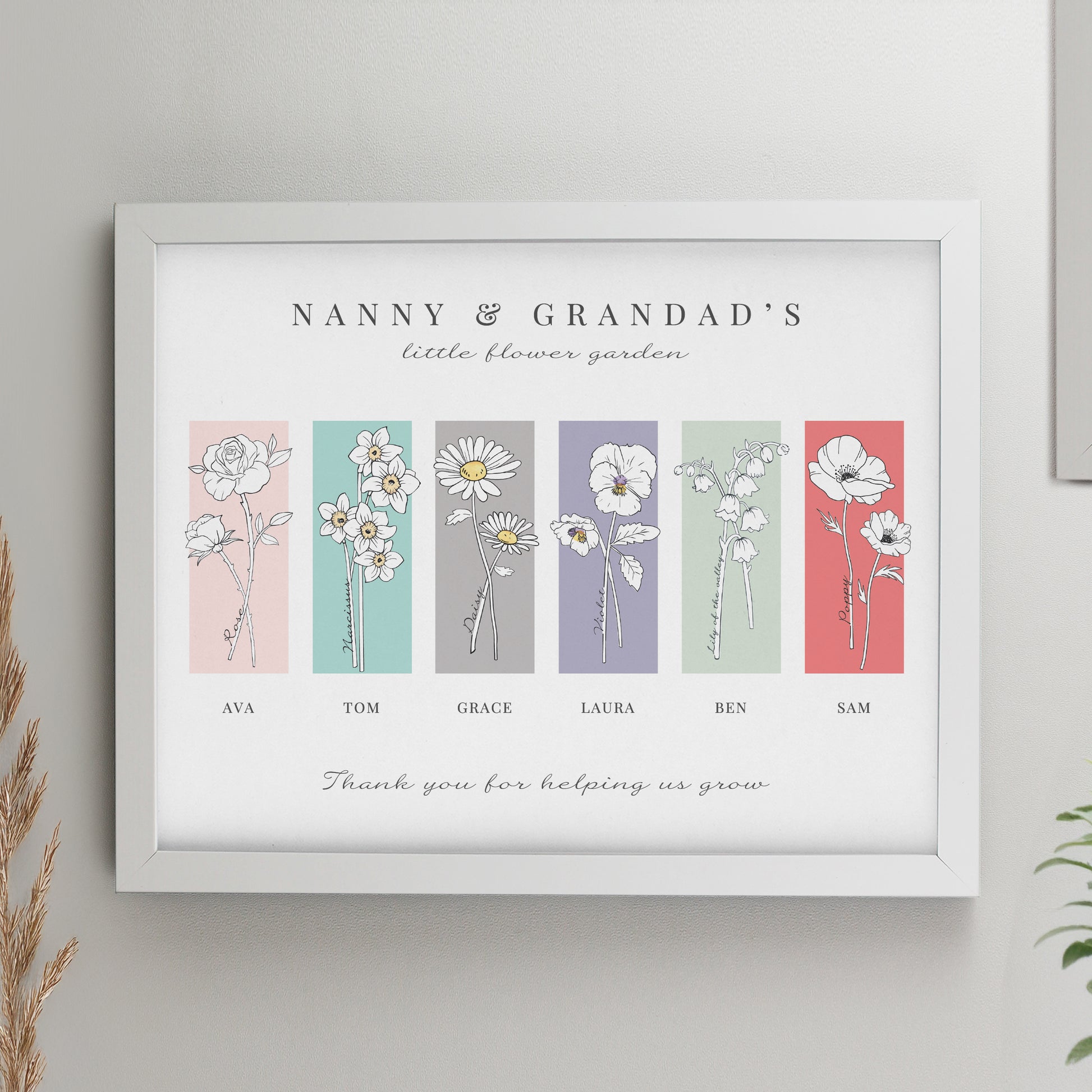 Personalised Birth Flower Family of 6 White Framed Print from Heartfelt Gifts