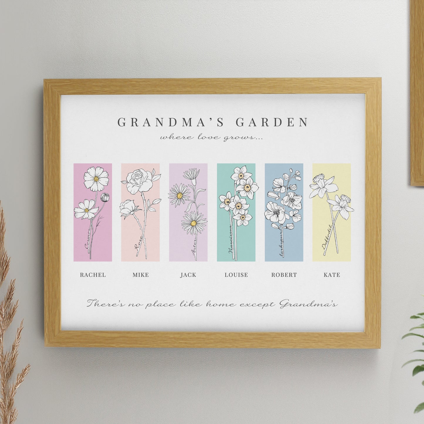 Personalised Birth Flower Family of 6 Oak Framed Print from Heartfelt Gifts