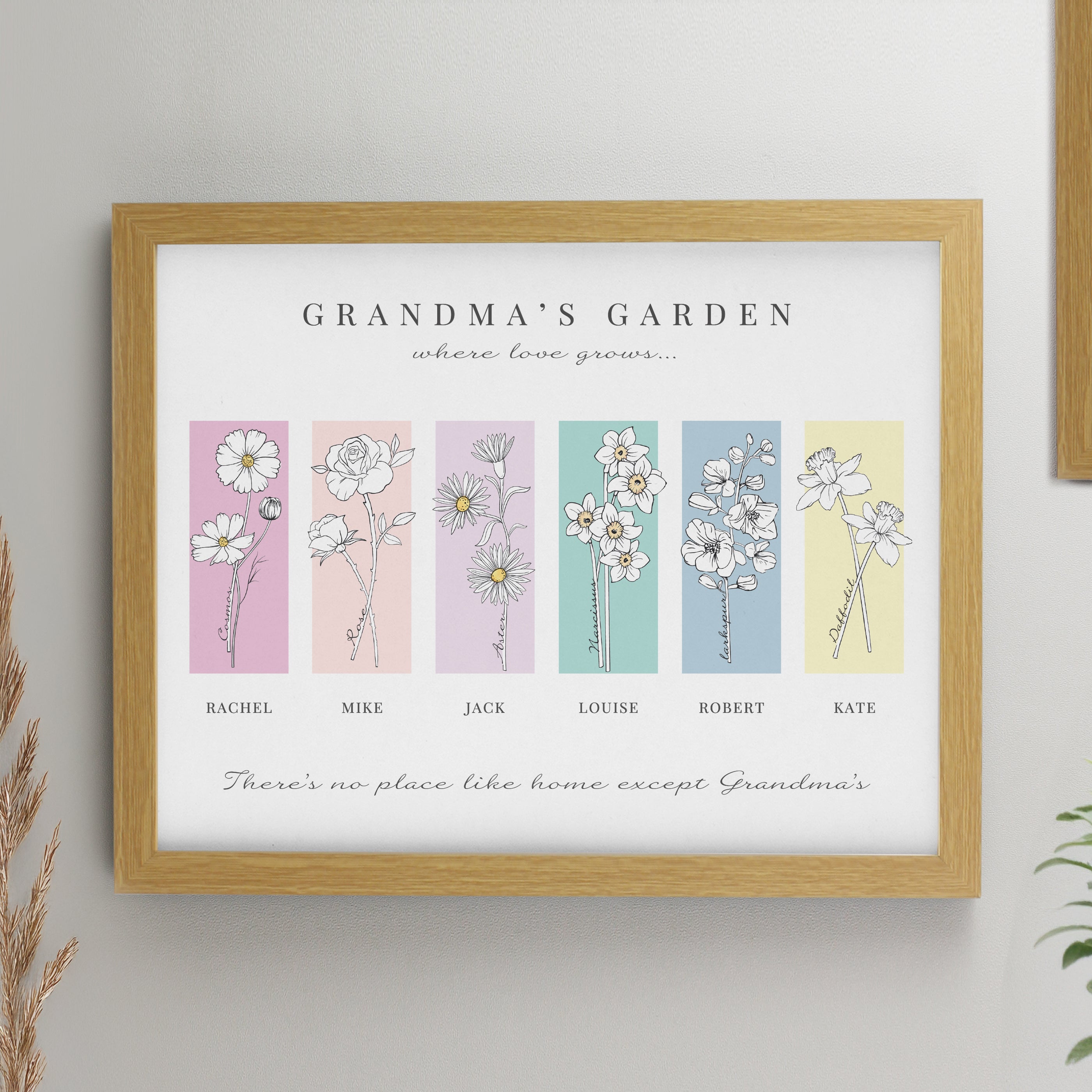 Personalised Birth Flower Family of 6 Oak Framed Print from Heartfelt Gifts