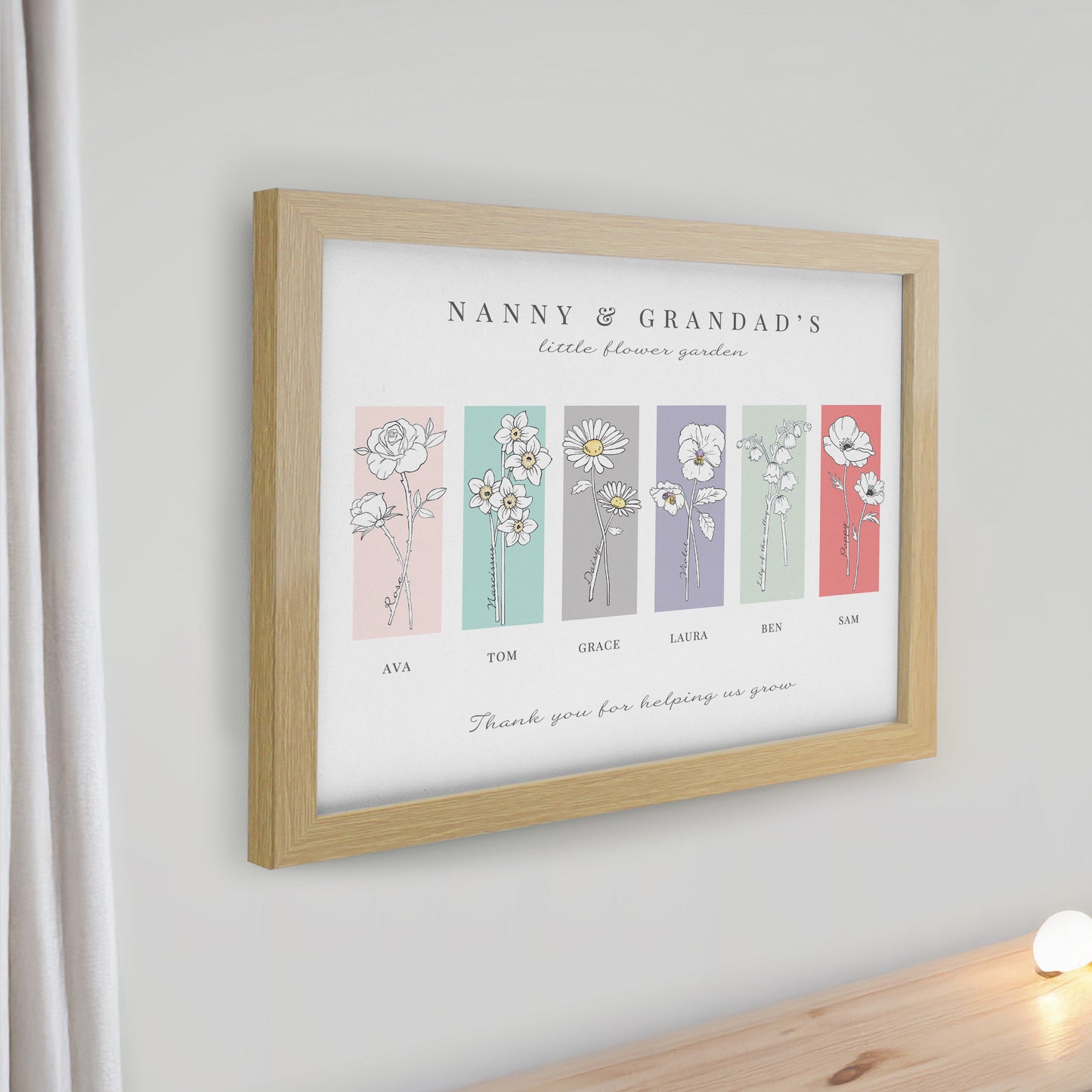 Personalised Birth Flower Family of 6 Oak Framed Print - image 2