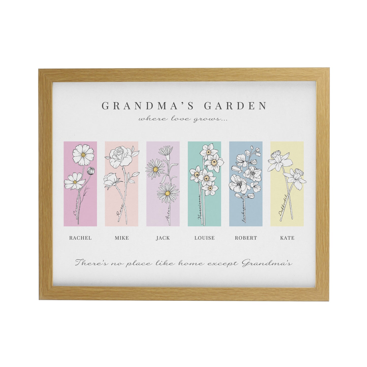 Personalised Birth Flower Family of 6 Oak Framed Print - image 3