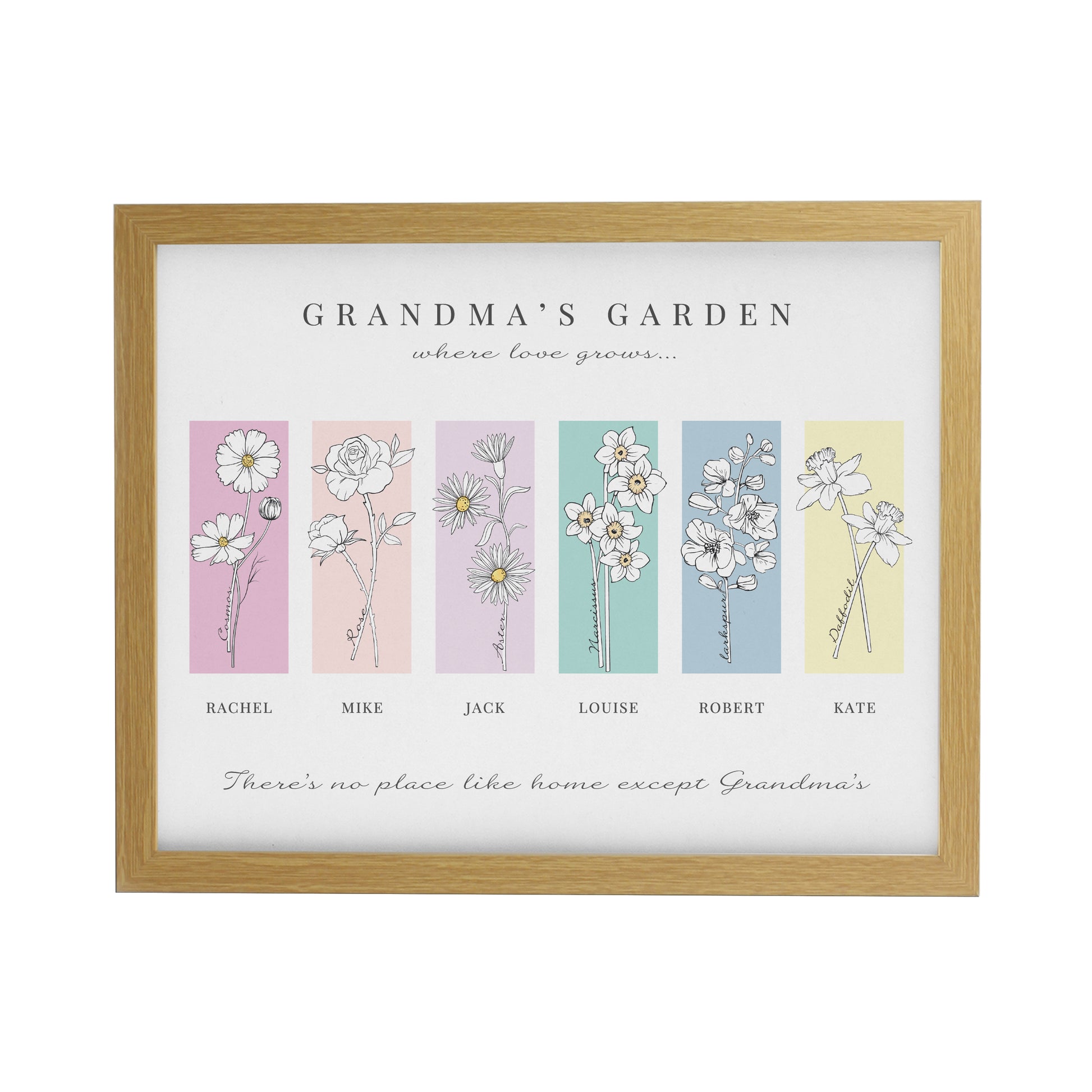 Personalised Birth Flower Family of 6 Oak Framed Print - image 3