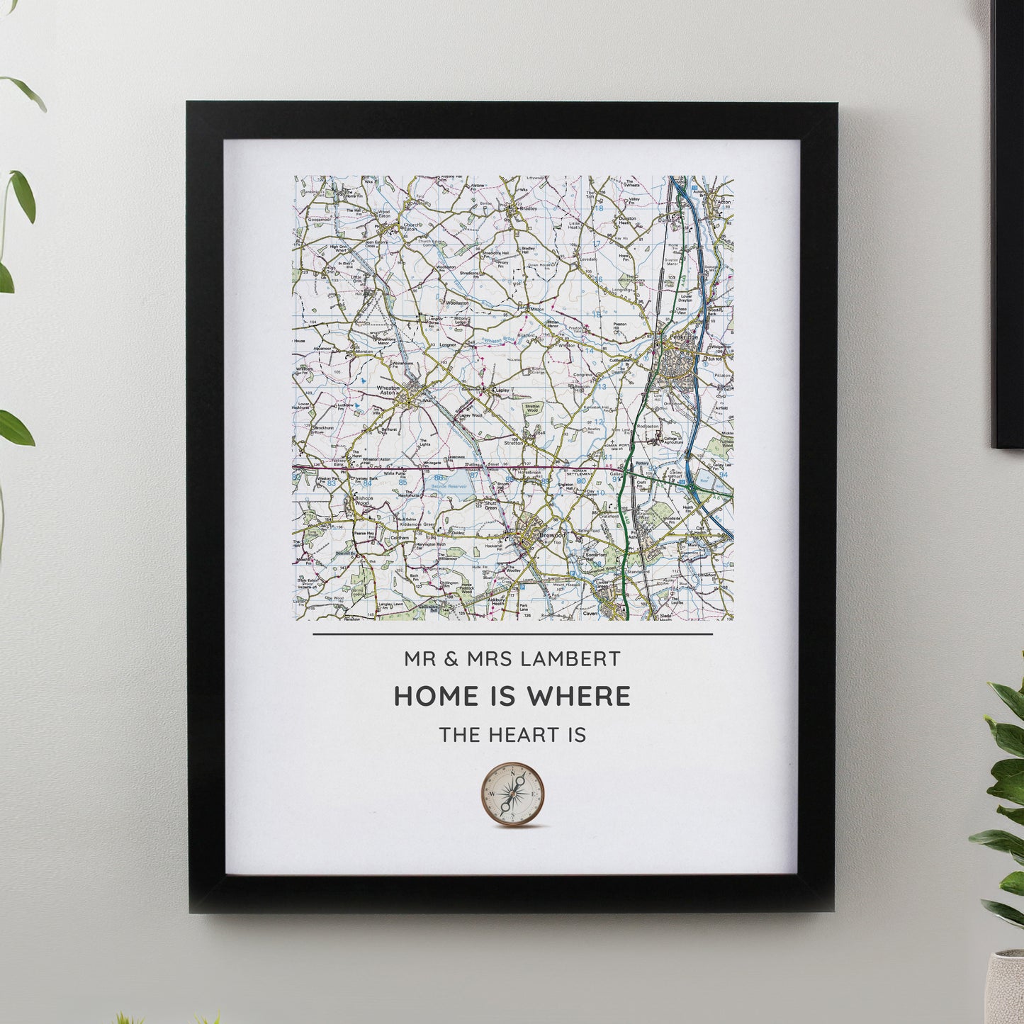 Personalised Present Day Map Compass Black Poster Frame from Heartfelt Gifts
