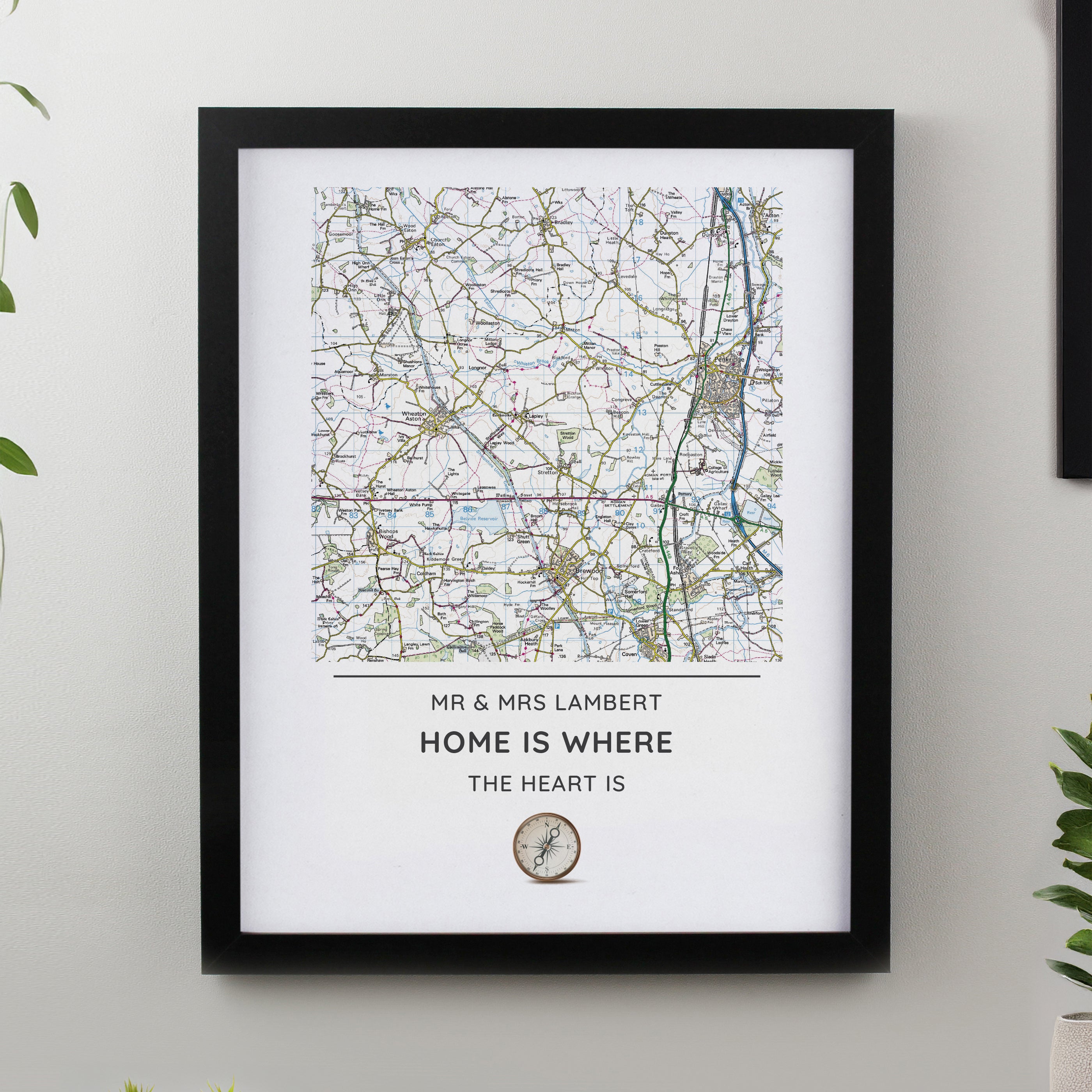 Personalised Present Day Map Compass Black Poster Frame from Heartfelt Gifts