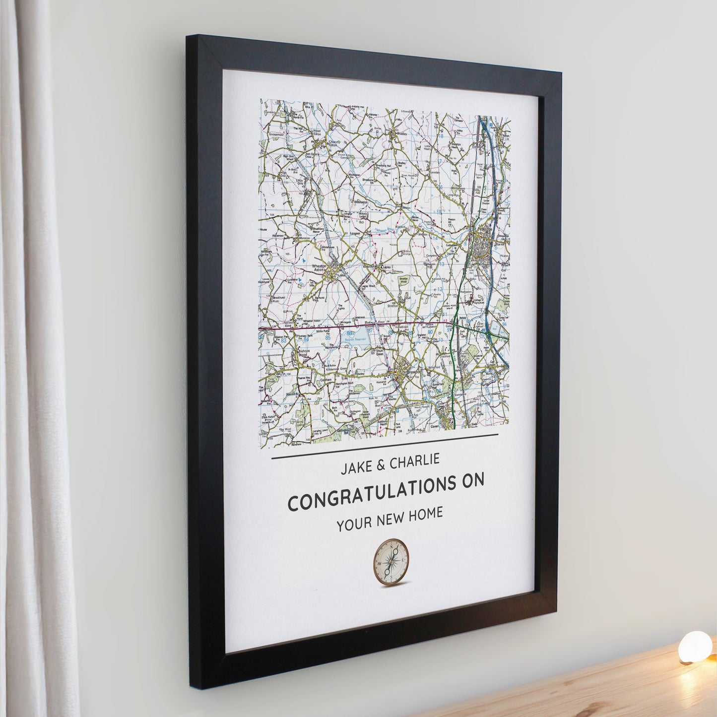 Personalised Present Day Map Compass Black Poster Frame - image 2