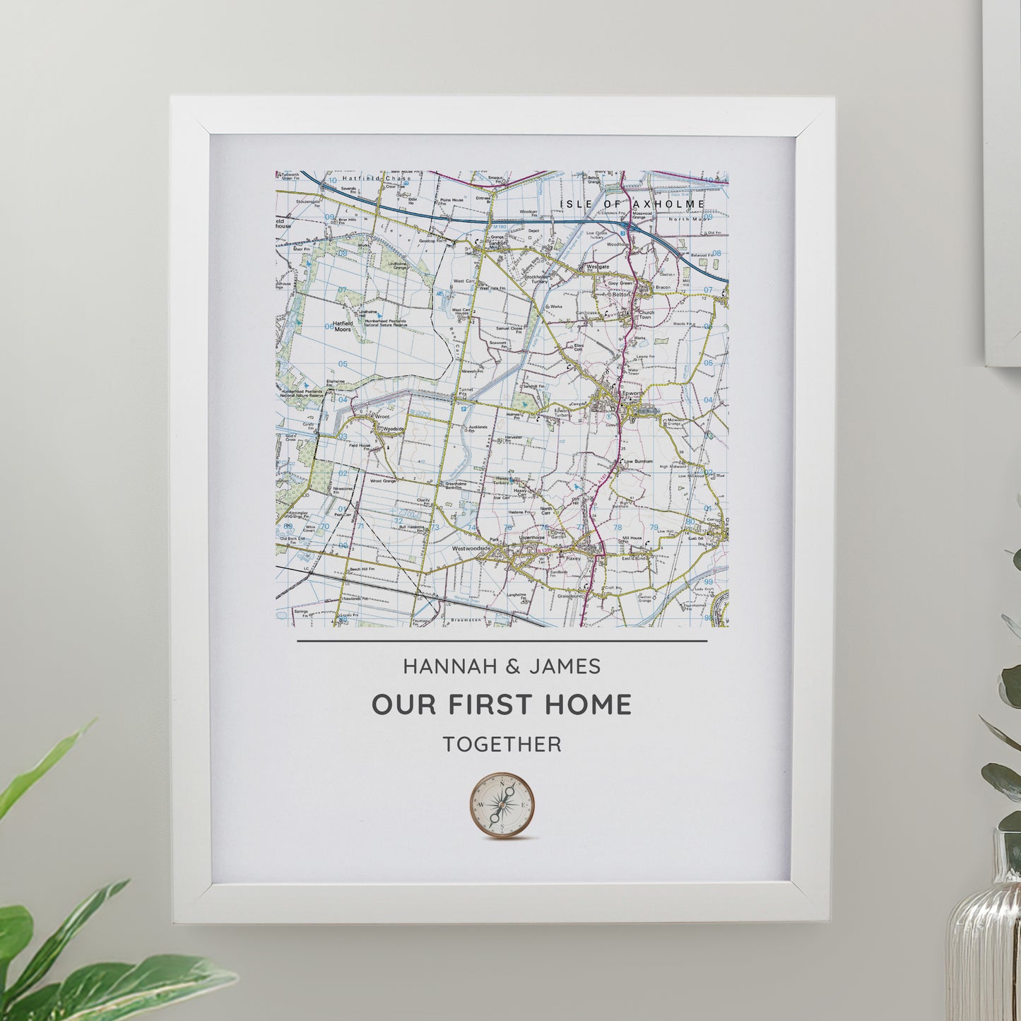 Personalised Present Day Map Compass White Poster Frame from Heartfelt Gifts
