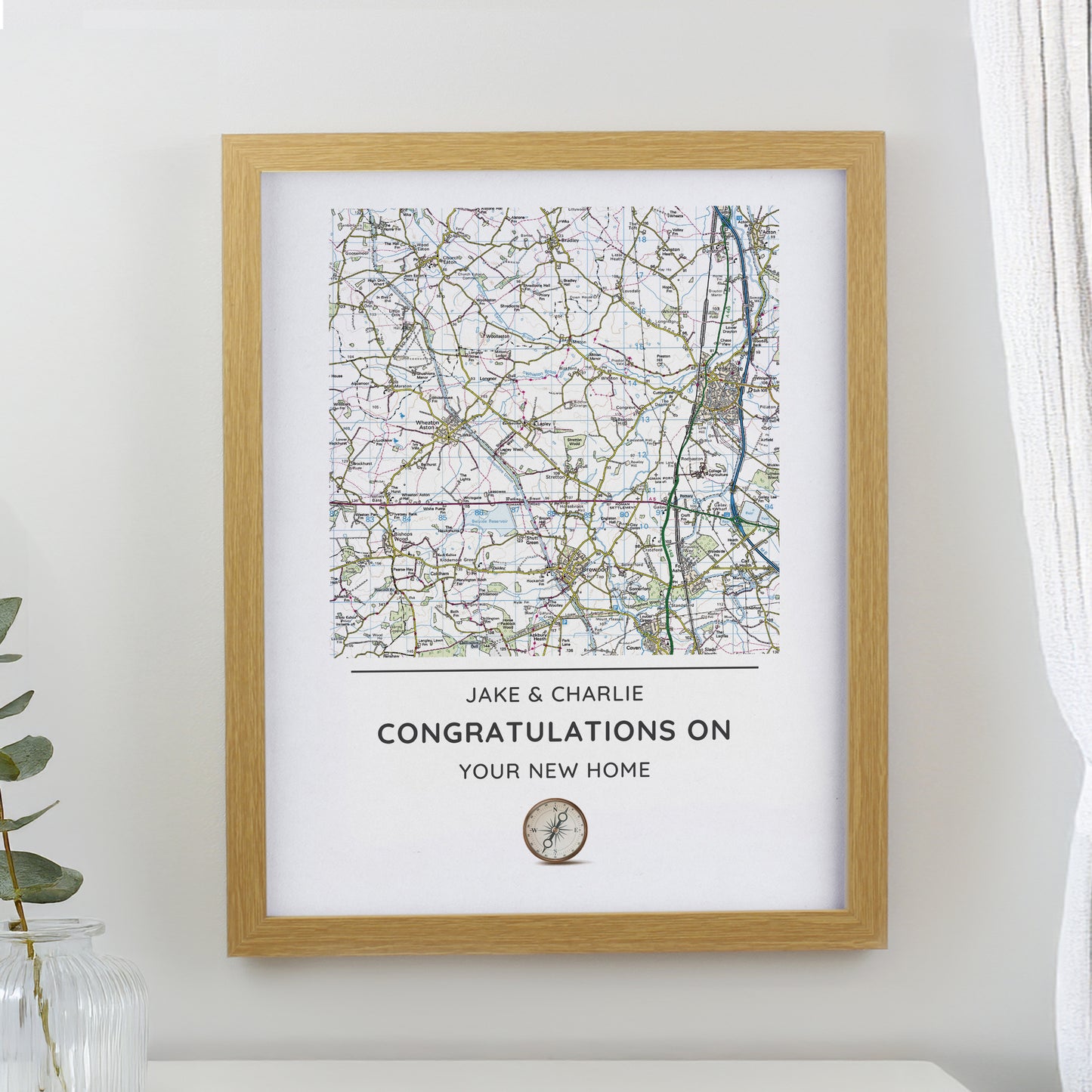 Personalised Present Day Map Compass Oak Poster Frame from Heartfelt Gifts