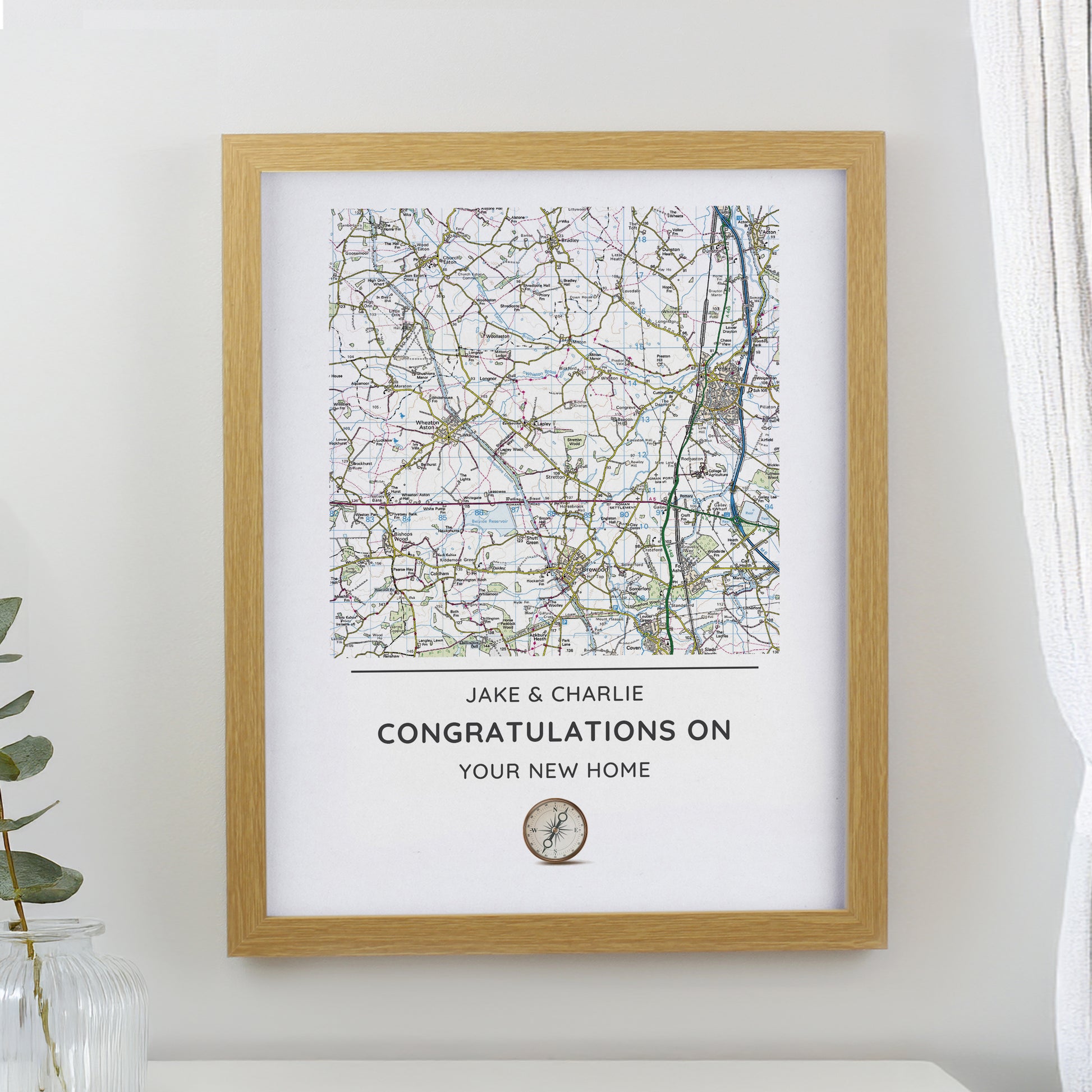 Personalised Present Day Map Compass Oak Poster Frame from Heartfelt Gifts