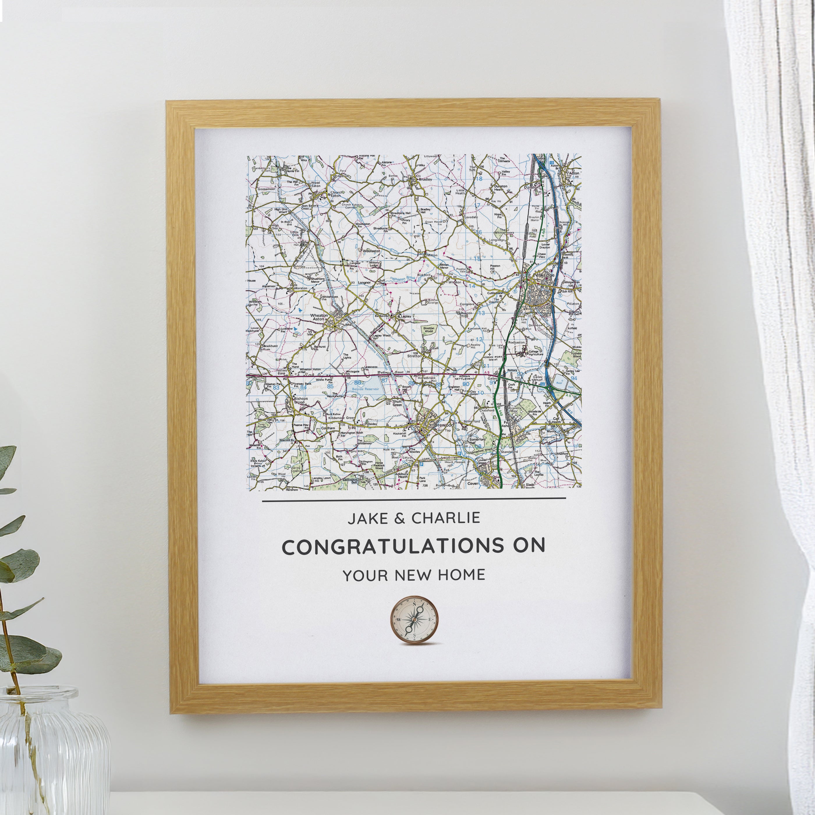 Personalised Present Day Map Compass Oak Poster Frame from Heartfelt Gifts