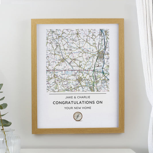 Personalised Present Day Map Compass Oak Poster Frame from Heartfelt Gifts
