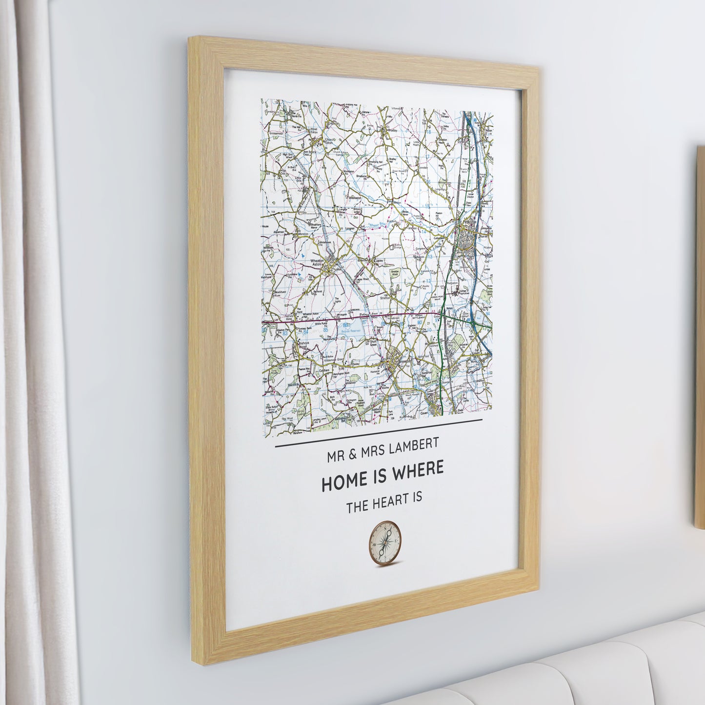 Personalised Present Day Map Compass Oak Poster Frame - image 2