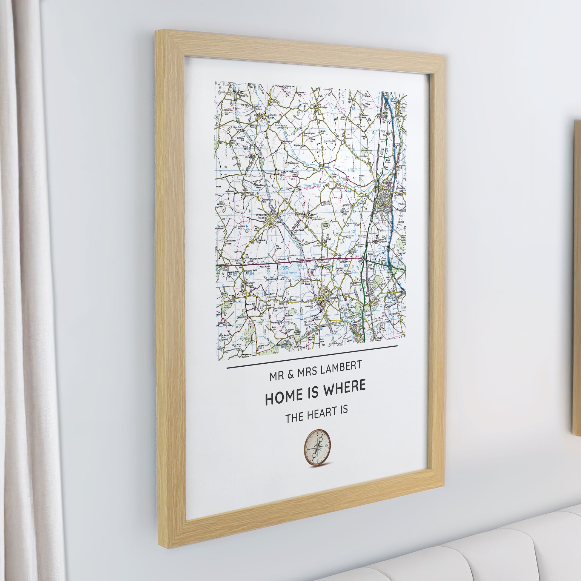 Personalised Present Day Map Compass Oak Poster Frame - image 2