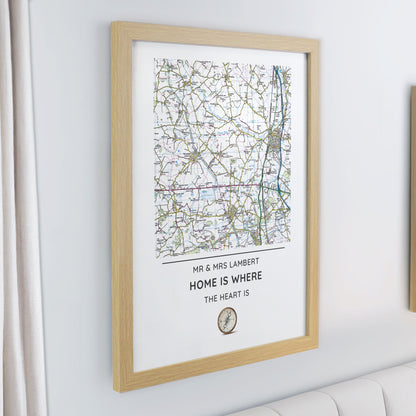 Personalised Present Day Map Compass Oak Poster Frame - image 2