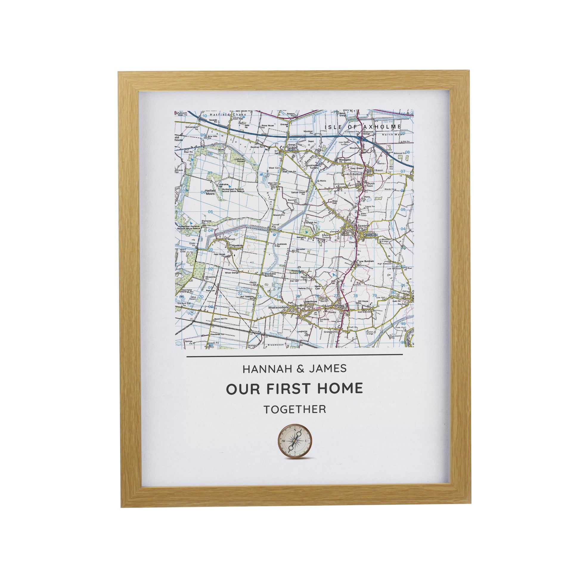 Personalised Present Day Map Compass Oak Poster Frame - image 3