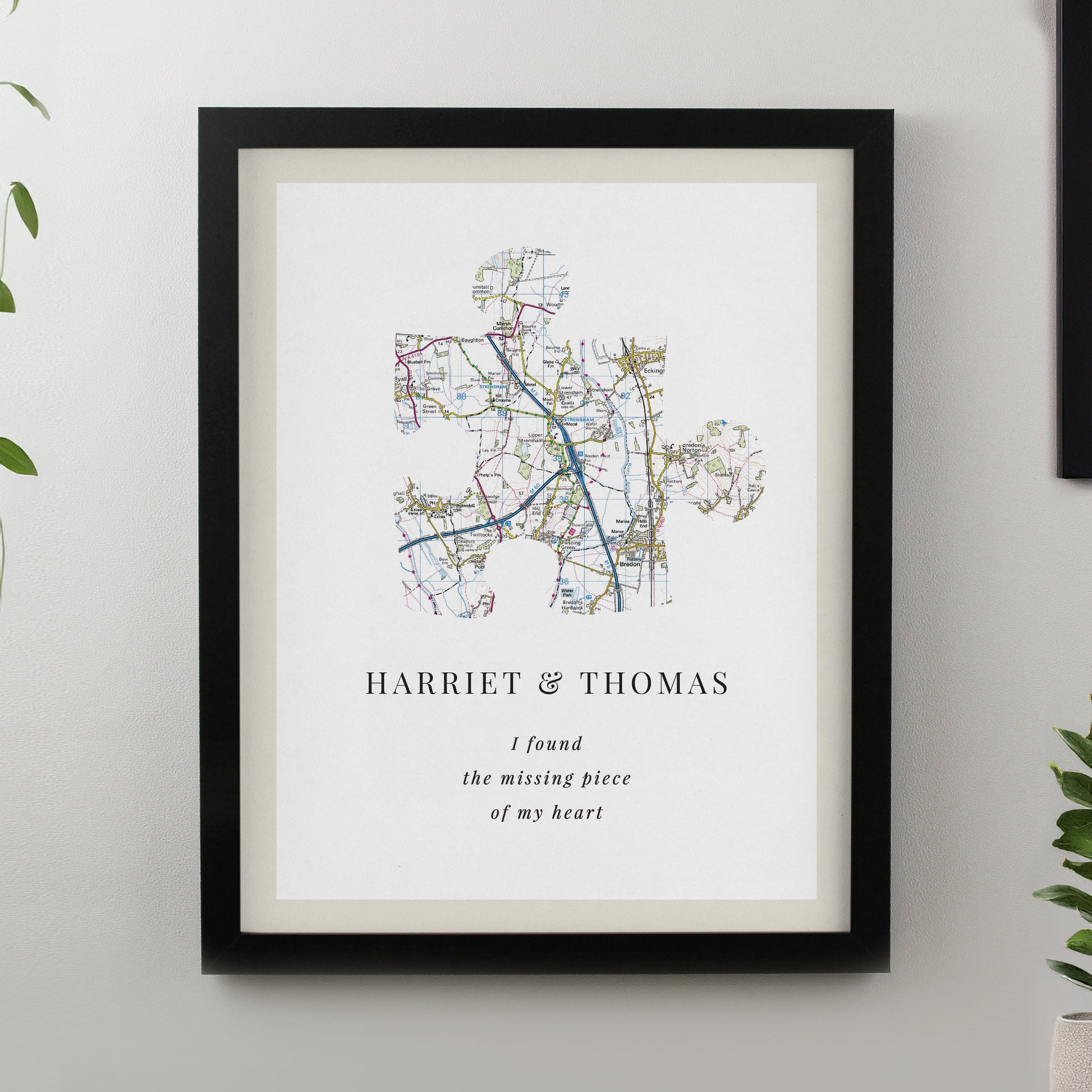 Personalised Present Day Map Puzzle Piece Black Poster Frame from Heartfelt Gifts