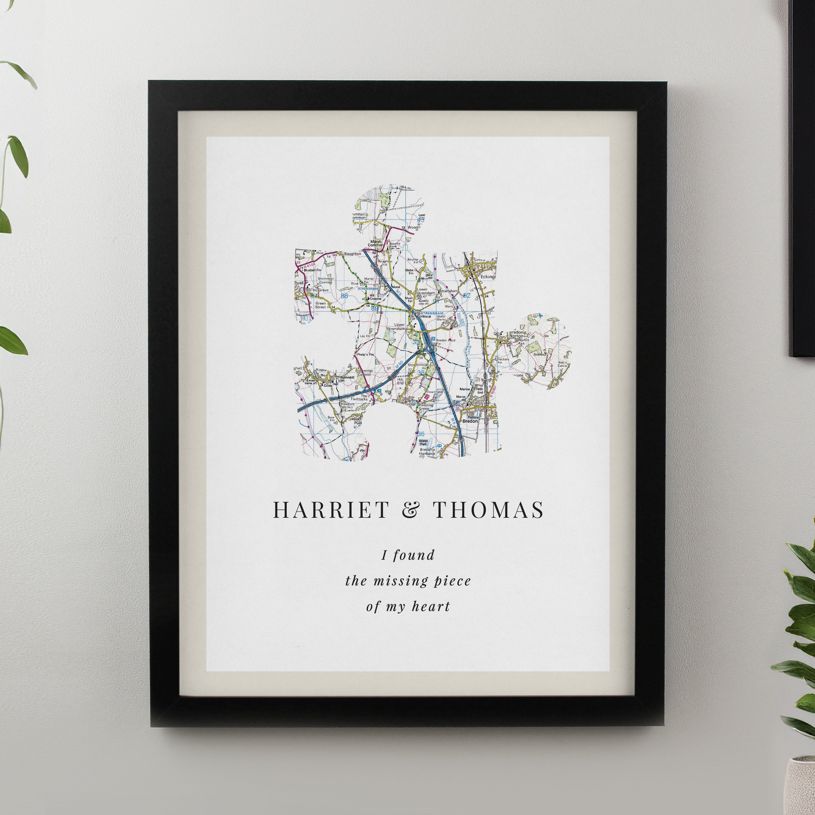 Personalised Present Day Map Puzzle Piece Black Poster Frame from Heartfelt Gifts