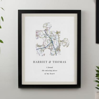 Personalised Present Day Map Puzzle Piece Black Poster Frame from Heartfelt Gifts