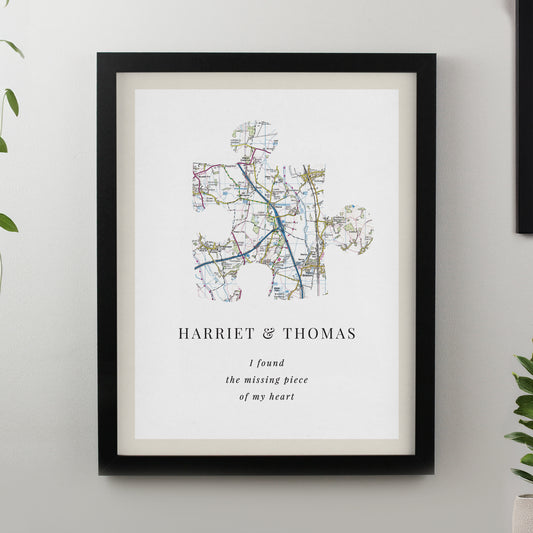 Personalised Present Day Map Puzzle Piece Black Poster Frame from Heartfelt Gifts