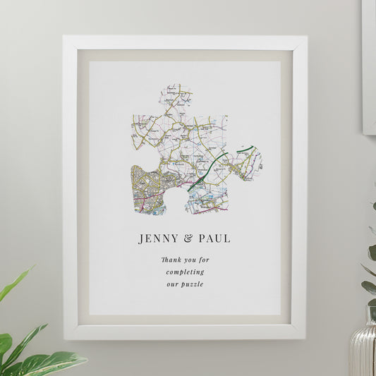 Personalised Present Day Map Puzzle Piece White Poster Frame from Heartfelt Gifts